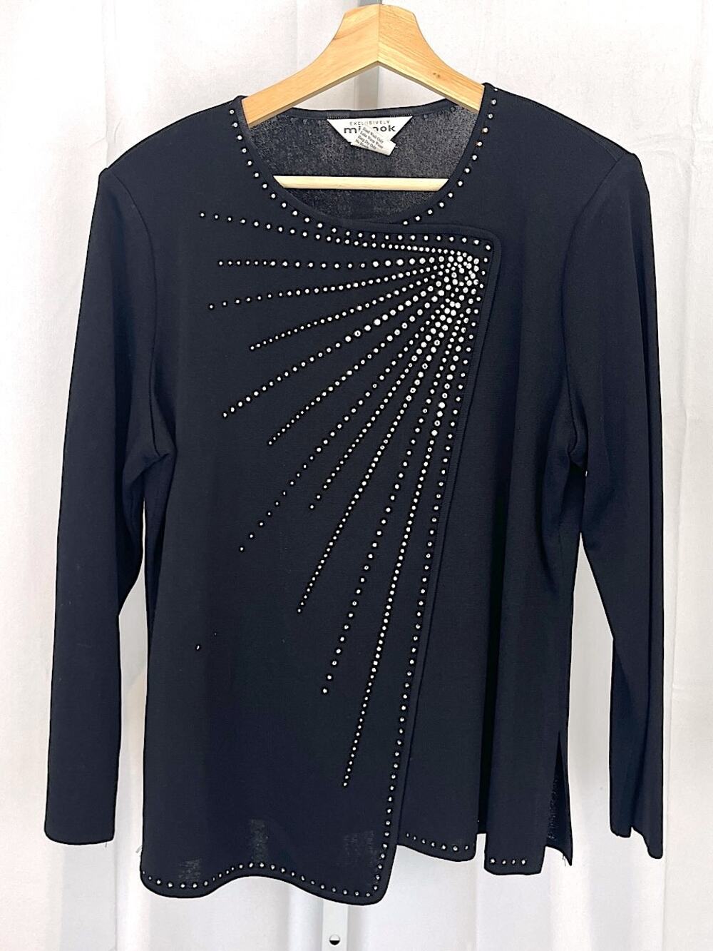 Exclusively MISOOK Embellished Pullover Knit Top Long Sleeve Black Petite L PL
